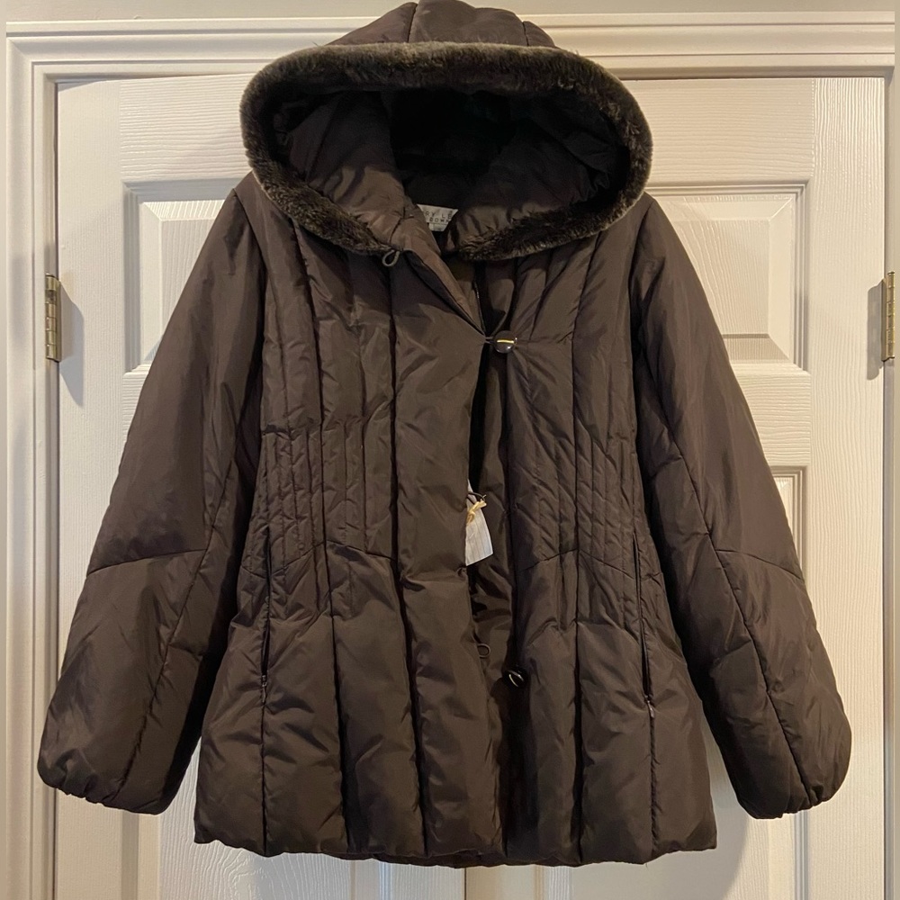 Larry Levine Womens Brown Down Long Sleeve Quilted Full Zip Puffer Coat Size S